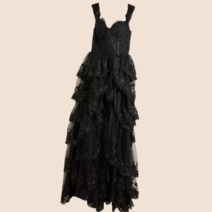 Corset Prom Black Dress Long Layered Formal Sequin Whimsigoth Tulle‎ Lace Size 2